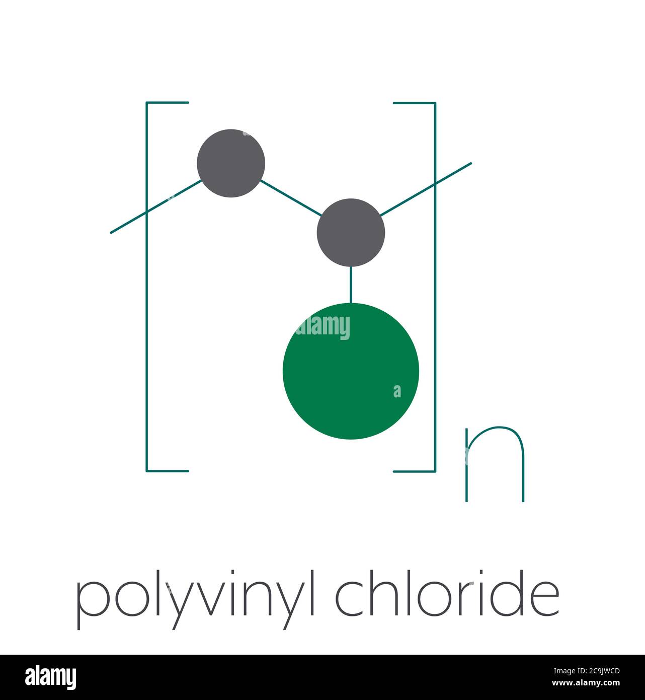 poly(vinyl chloride) plastic chemical structure. Stylized skeletal formula: Atoms are shown as color-coded circles connected by thin bonds, on Stock -