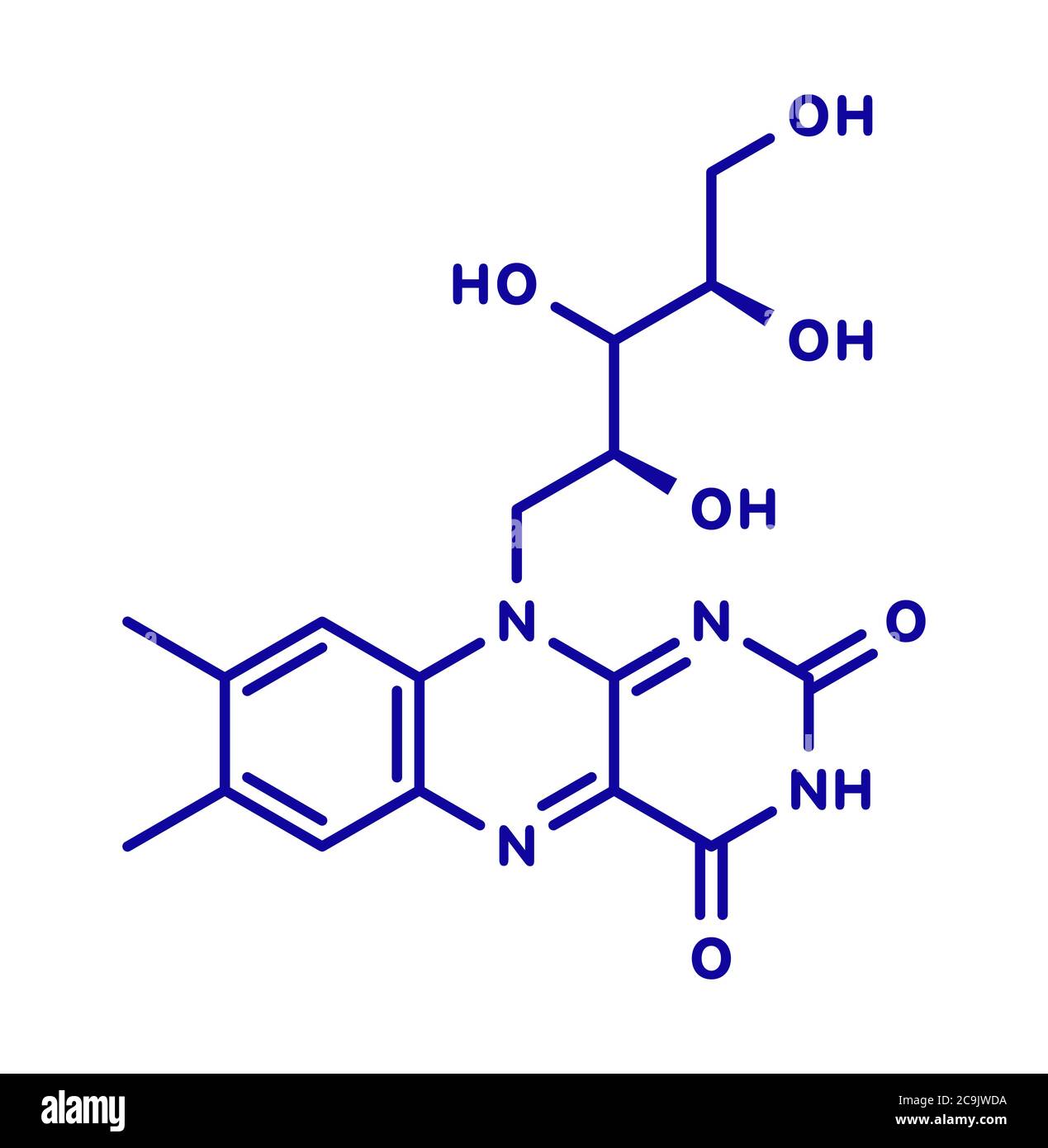 Vitamin B2 (riboflavin) molecule. Blue skeletal formula on white background. Stock Photo