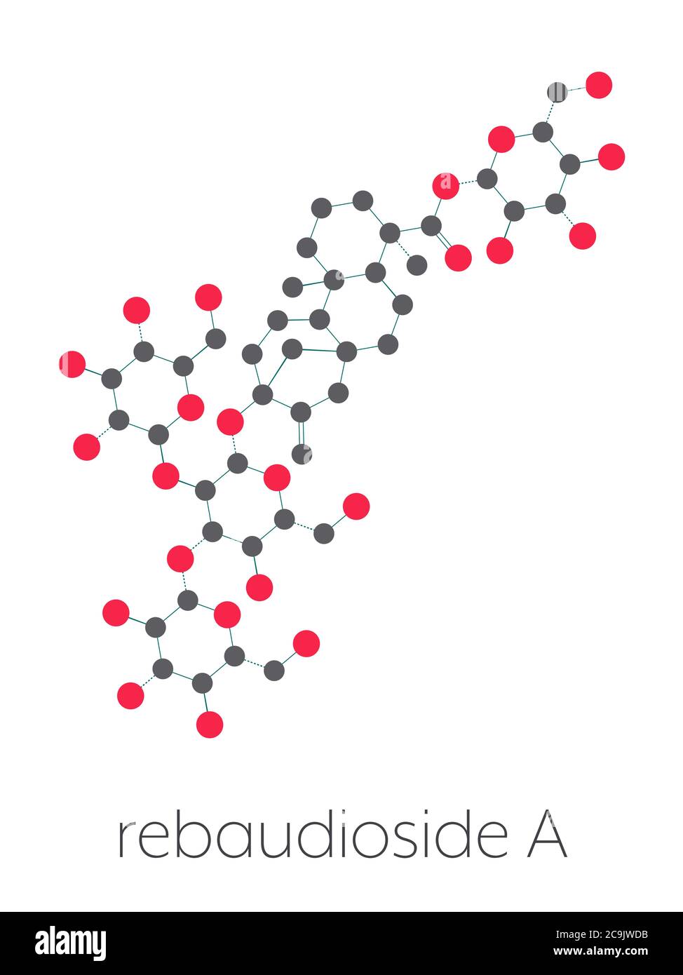 Rebaudioside A molecule. One of the main steviol glycosides found in stevia plants, used as sweetener. Stylized skeletal formula (chemical structure). Stock Photo
