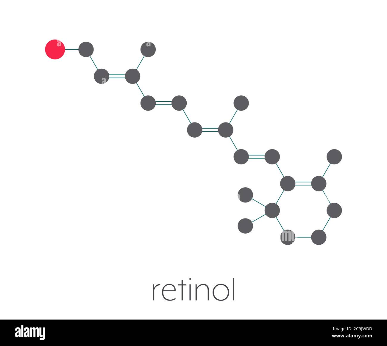 Vitamin A (retinol) molecule. Stylized skeletal formula (chemical structure). Atoms are shown as color-coded circles connected by thin bonds, on a whi Stock Photo