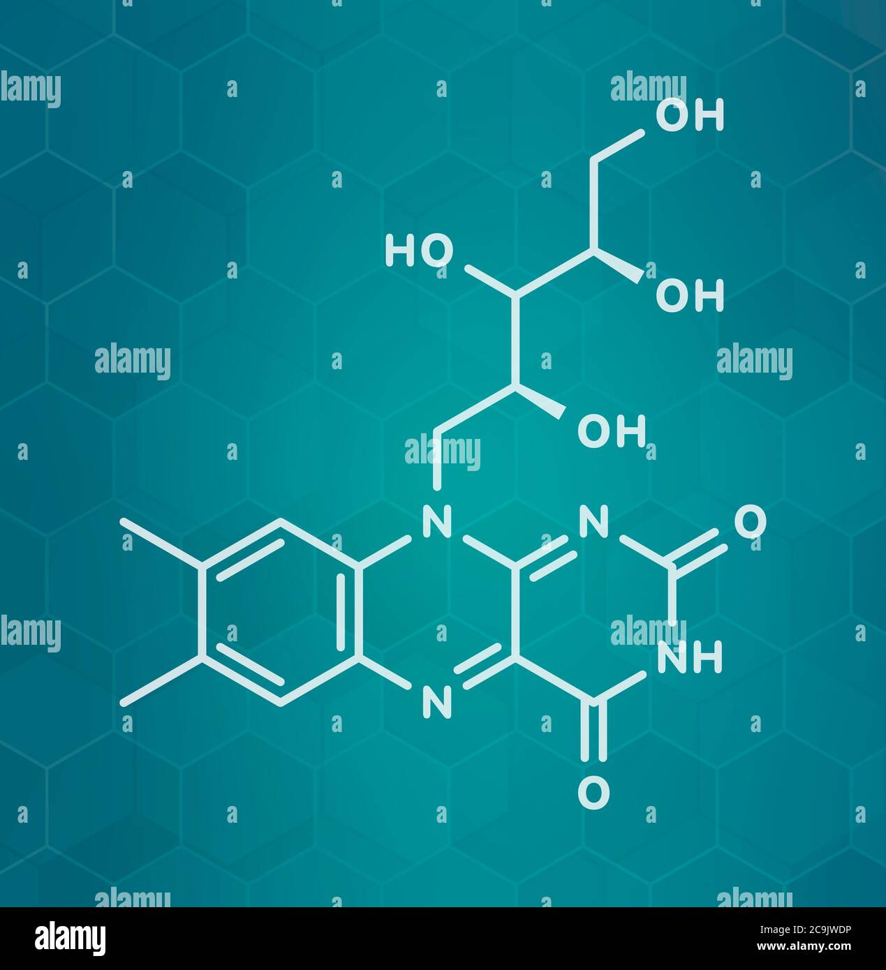 Vitamin B2 (riboflavin) molecule. White skeletal formula on dark teal gradient background with hexagonal pattern. Stock Photo