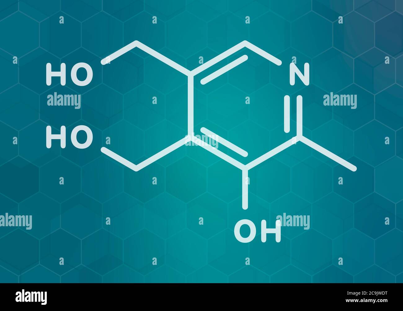Vitamin B6 (pyridoxine) molecule. White skeletal formula on dark teal