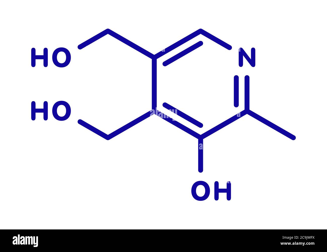Vitamin B6 (pyridoxine) molecule. Blue skeletal formula on white background. Stock Photo