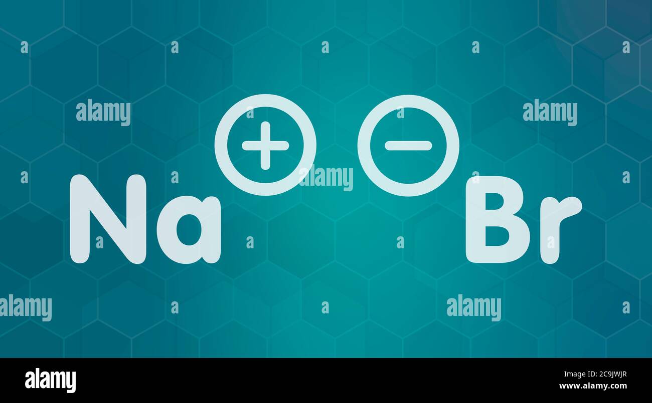 Sodium bromide salt, chemical structure. White skeletal formula on dark teal gradient background with hexagonal pattern. Stock Photo