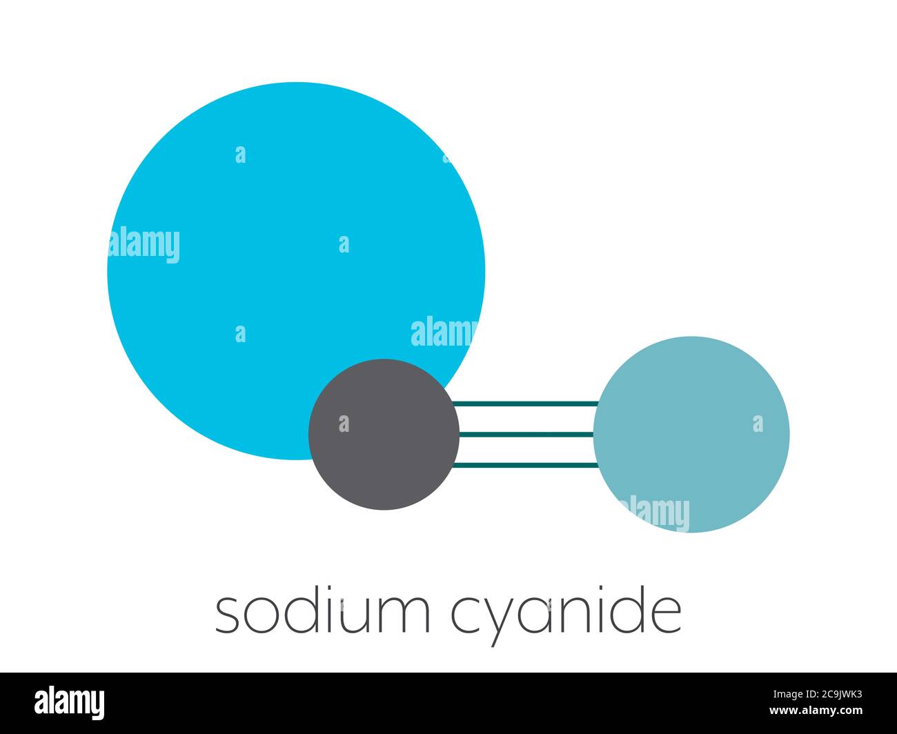 Sodium cyanide, chemical structure. Stylized skeletal formula (chemical structure): Atoms are shown as color-coded circles connected by thin bonds, on Stock Photo