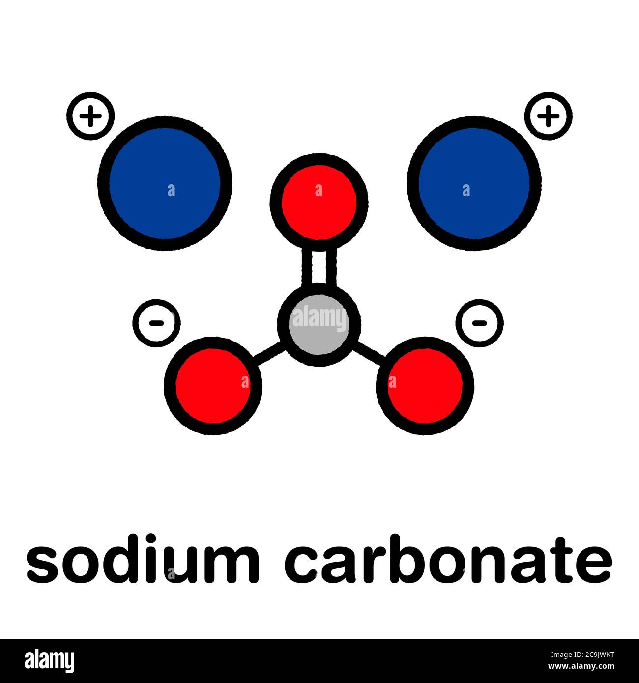 Sodium carbonate salt (washing soda, soda crystals), chemical structure. Stylized skeletal formula (chemical structure): Atoms are shown as color-code Stock Photo