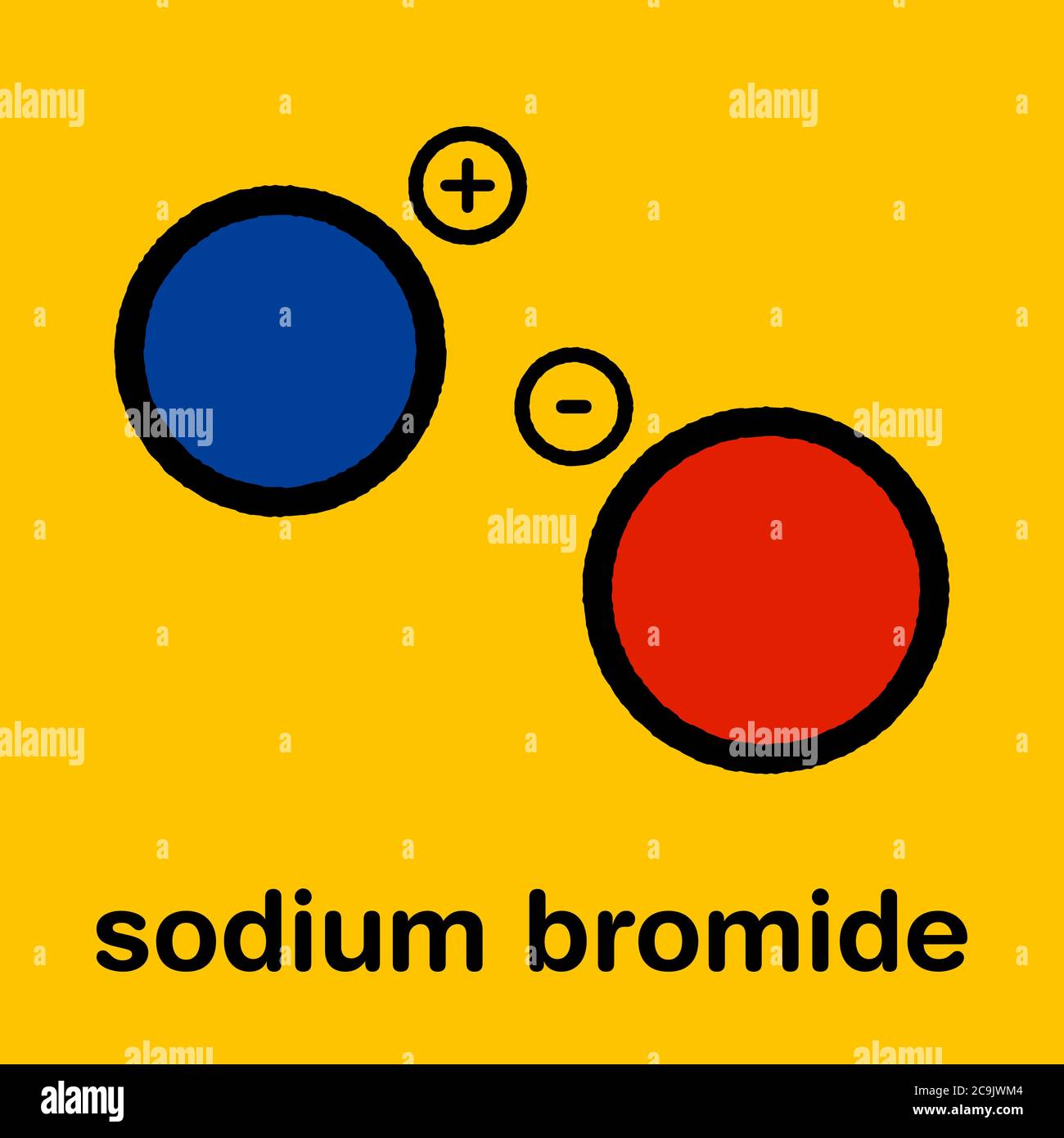 Sodium bromide salt, chemical structure. Stylized skeletal formula (chemical structure): Atoms are shown as color-coded circles with thick black outli Stock Photo