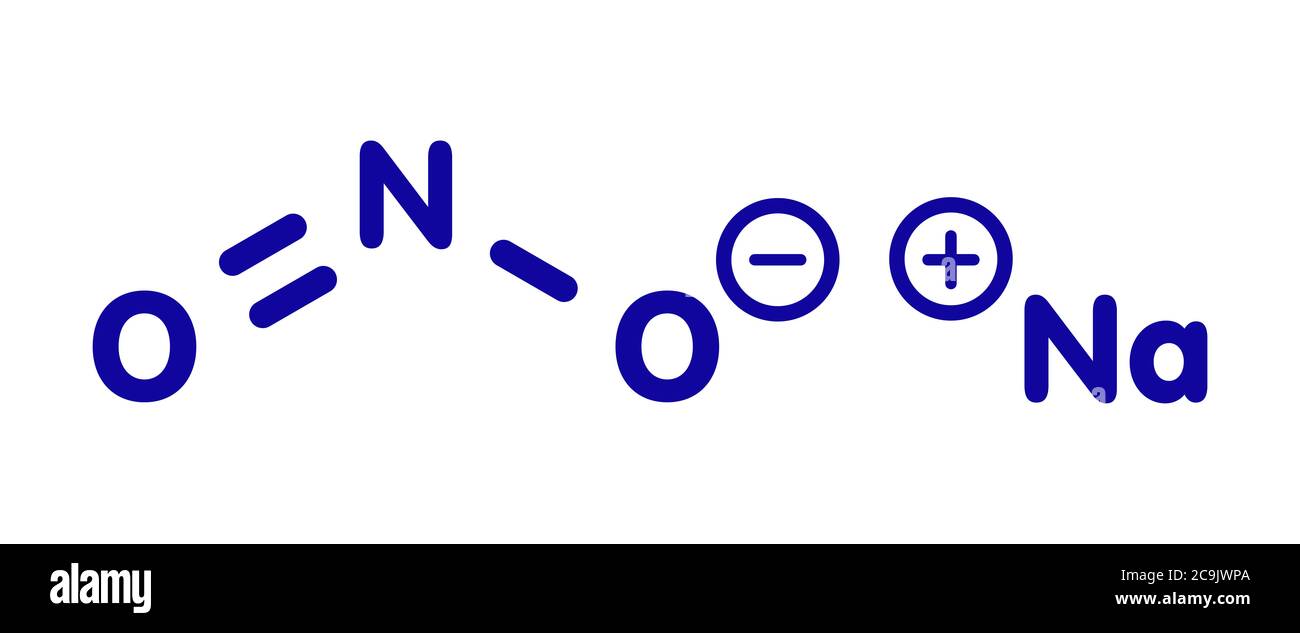 Sodium nitrite, chemical structure. Used in the curing of meat. Blue