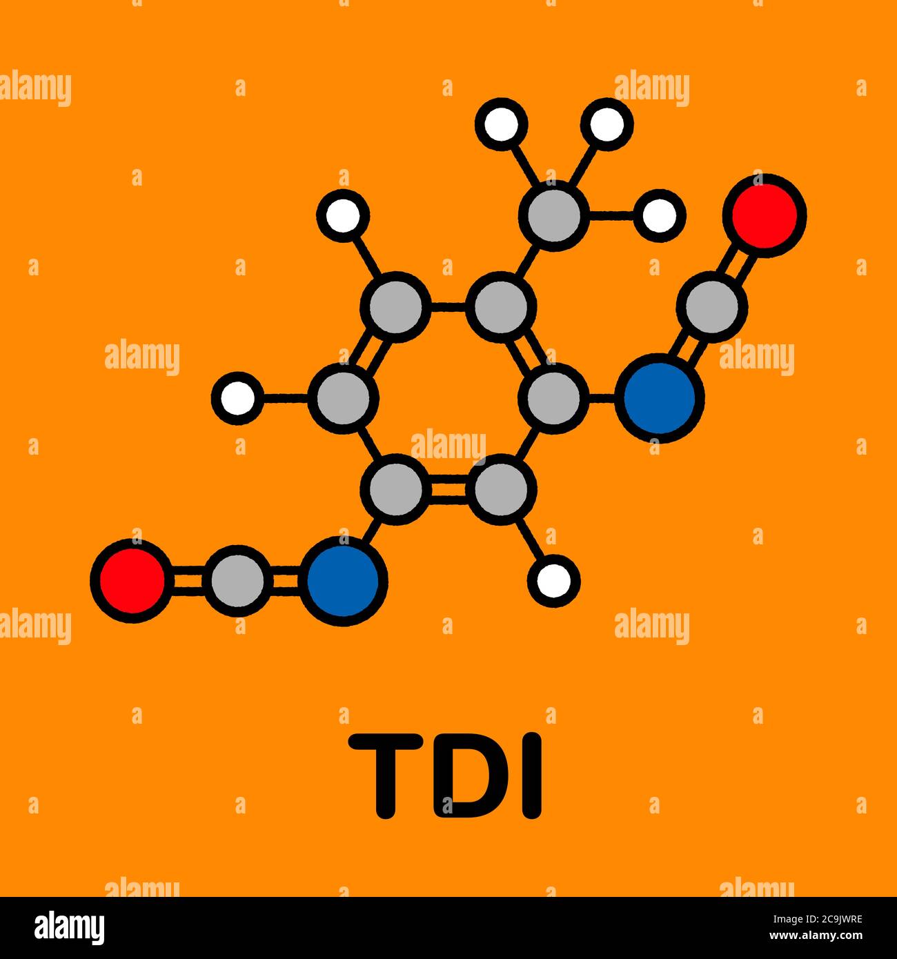 Toluene diisocyanate (TDI, 2,4-TDI) polyurethane building block molecule. May be a carcinogen. Stylized skeletal formula (chemical structure). Atoms a Stock Photo