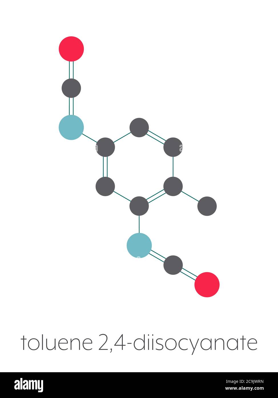 Toluene diisocyanate (TDI, 2,4-TDI) polyurethane building block molecule. May be a carcinogen. Stylized skeletal formula (chemical structure). Atoms a Stock Photo