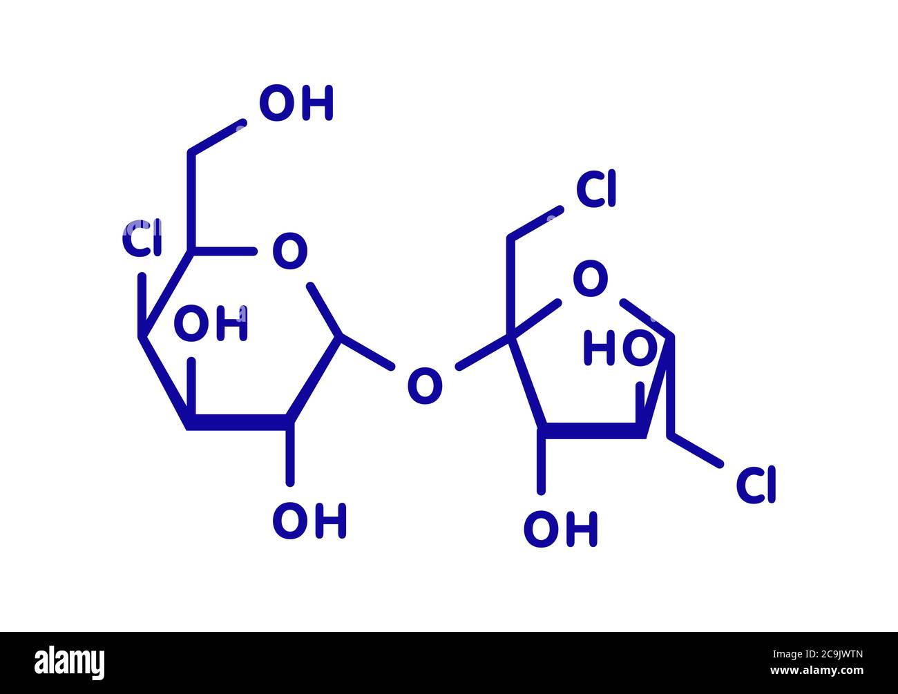 Sucralose artificial sweetener molecule. Used as sugar substitute. Blue