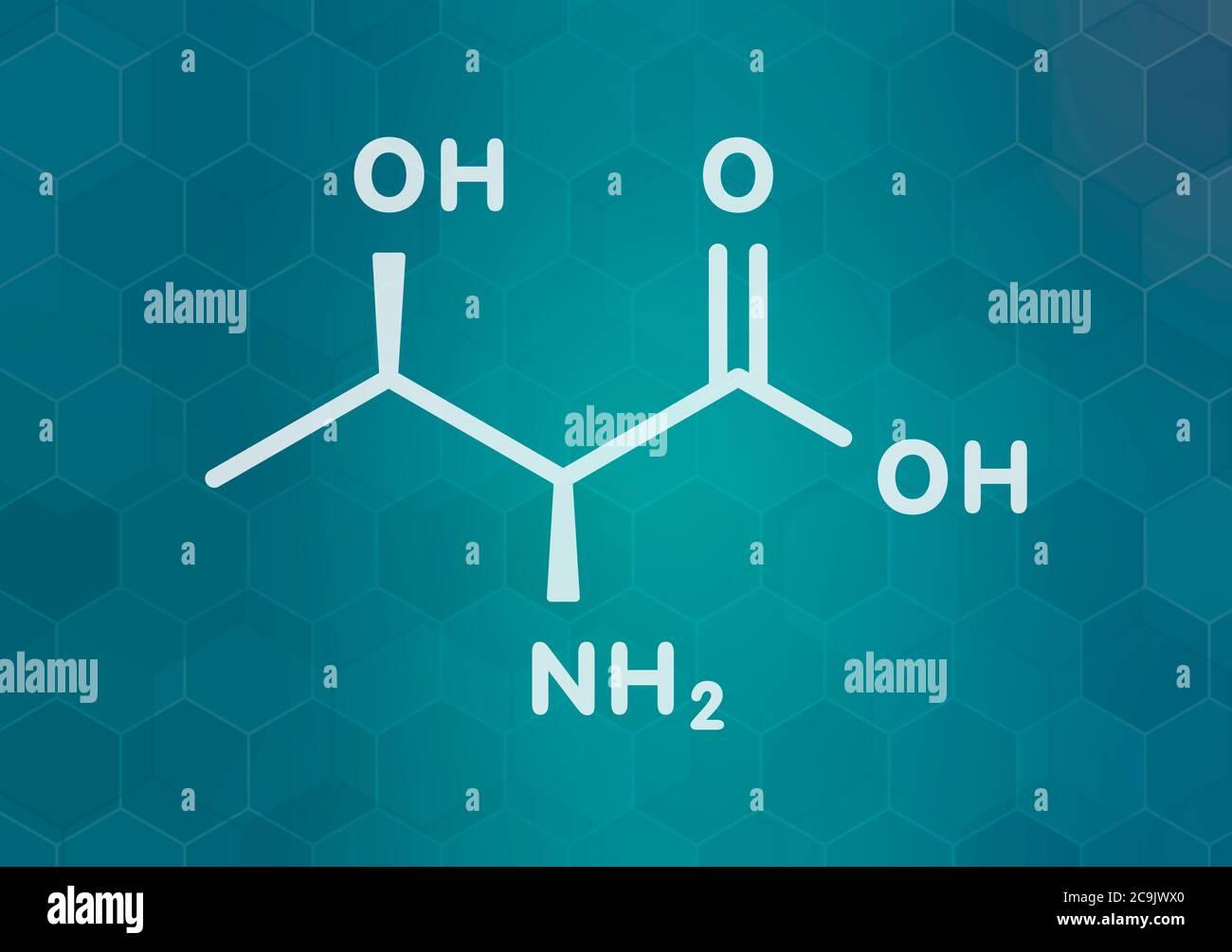 Threonine (l-threonine, Thr, T) amino acid molecule. White skeletal formula on dark teal gradient background with hexagonal pattern. Stock Photo