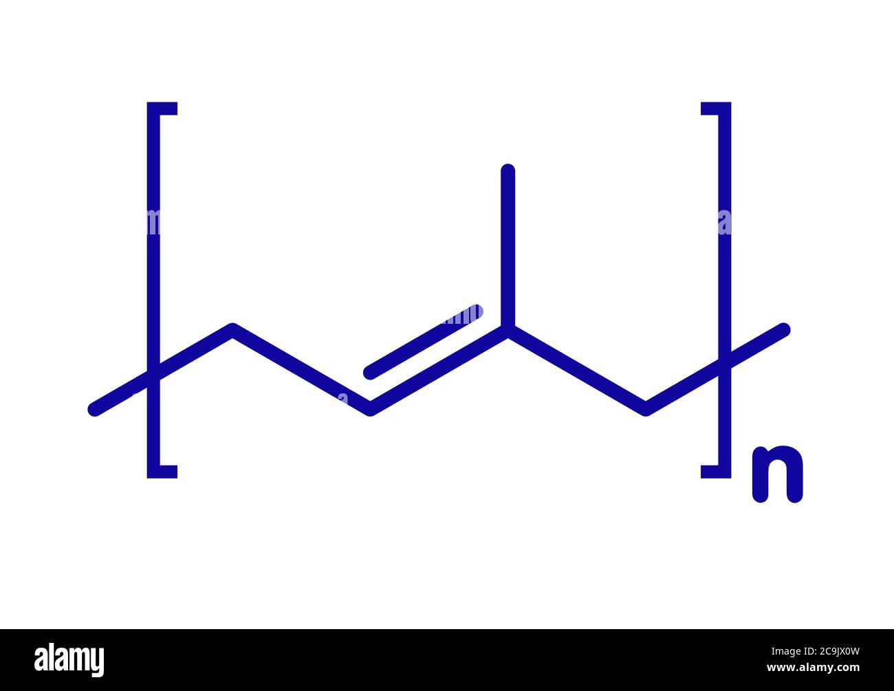 Trans-1,4-polyisoprene polymer, chemical structure. Main component of gutta-percha. Blue skeletal formula on white background. Stock Photo