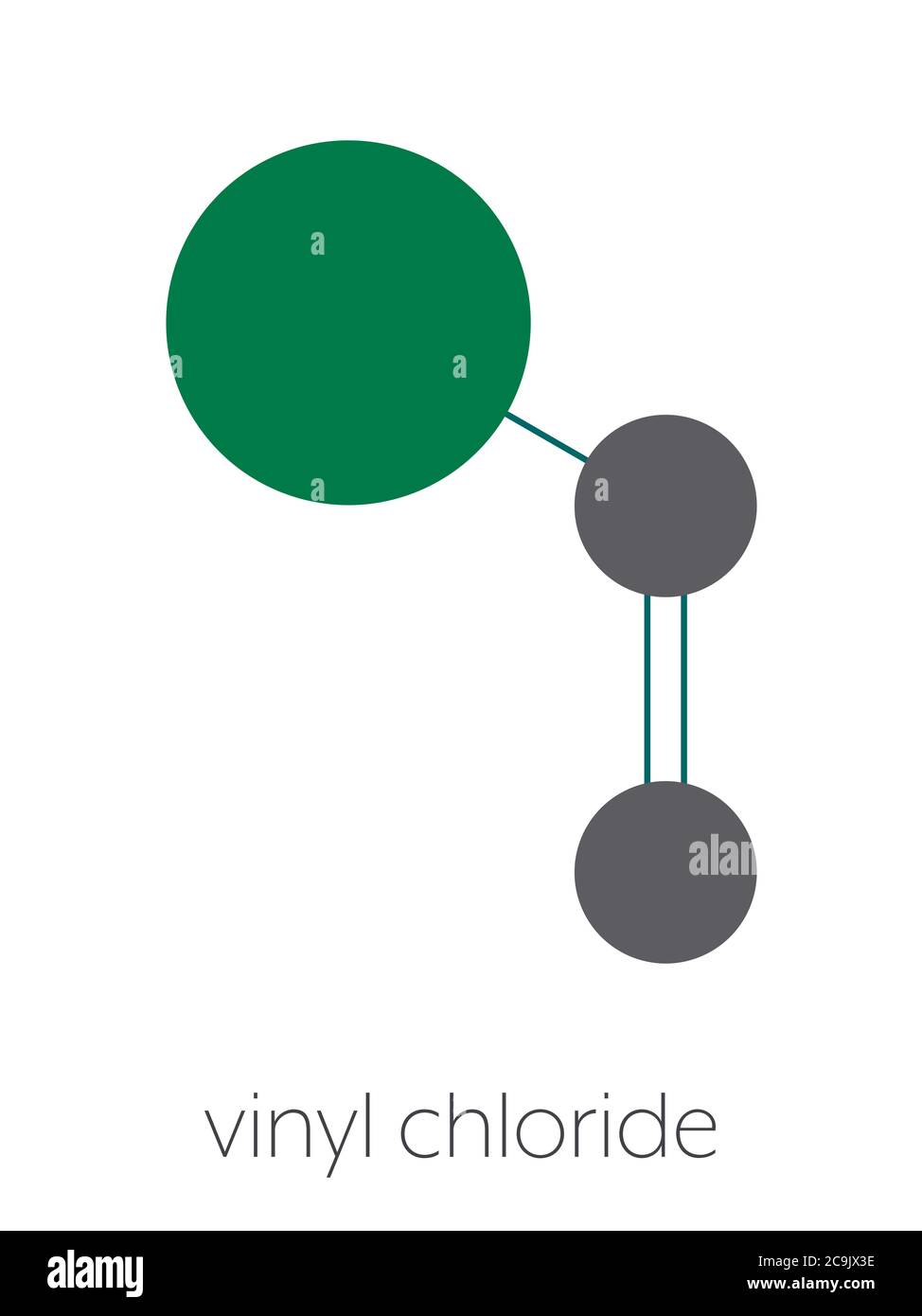 Vinyl chloride, polyvinyl chloride (PVC) plastic building block. Atoms are shown as color-coded circles connected by thin bonds, on a white background Stock Photo