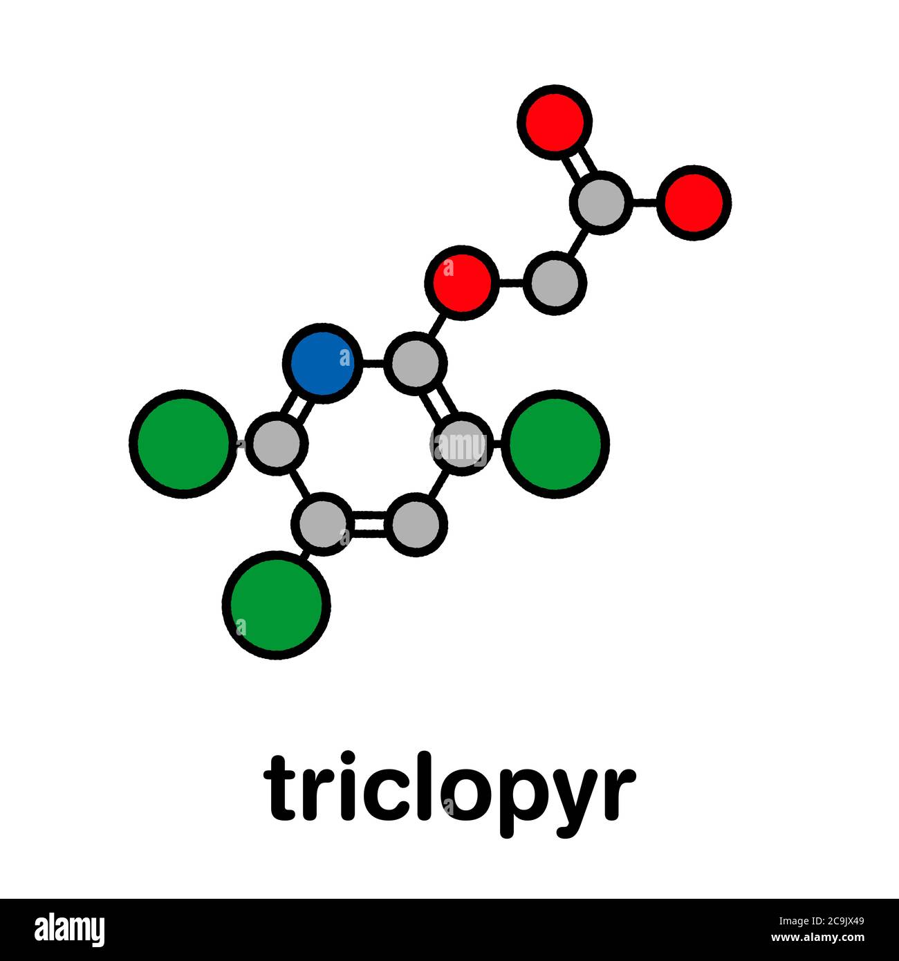 Triclopyr herbicide (broadleaf weed killer) molecule. Stylized skeletal