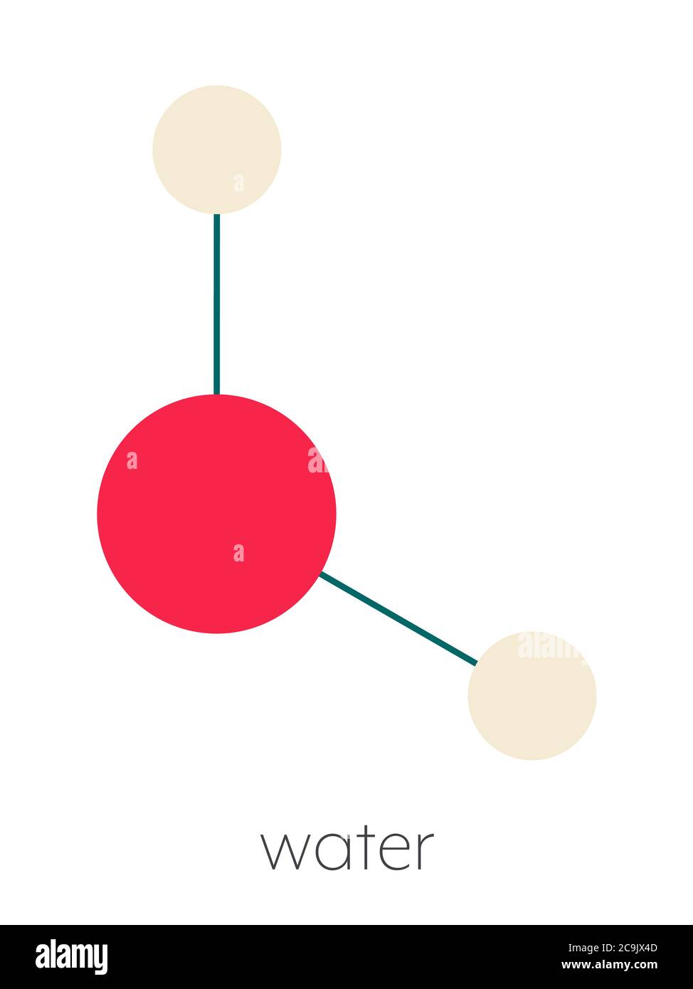 Water (H2O) molecule. Stylized skeletal formula (chemical structure). Atoms are shown as color-coded circles connected by thin bonds, on a white backg Stock Photo