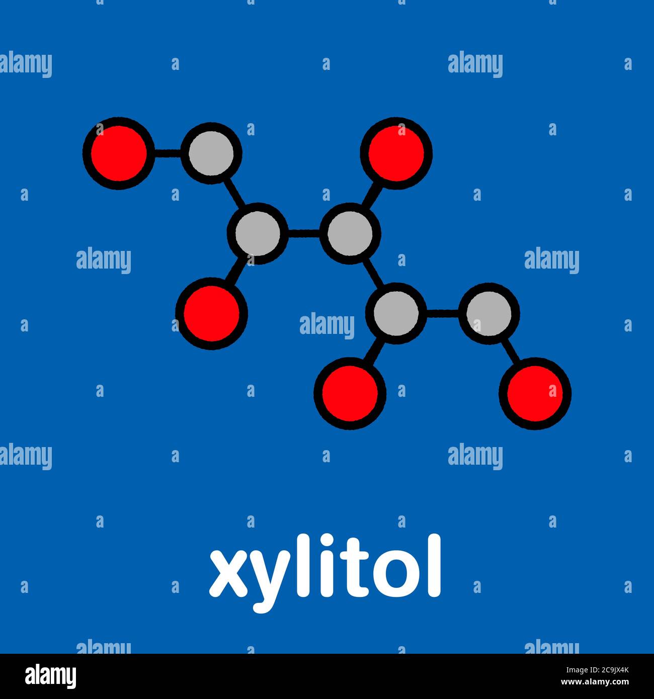 Xylitol artificial sweetener molecule. Used as sugar substitute. Stylized skeletal formula