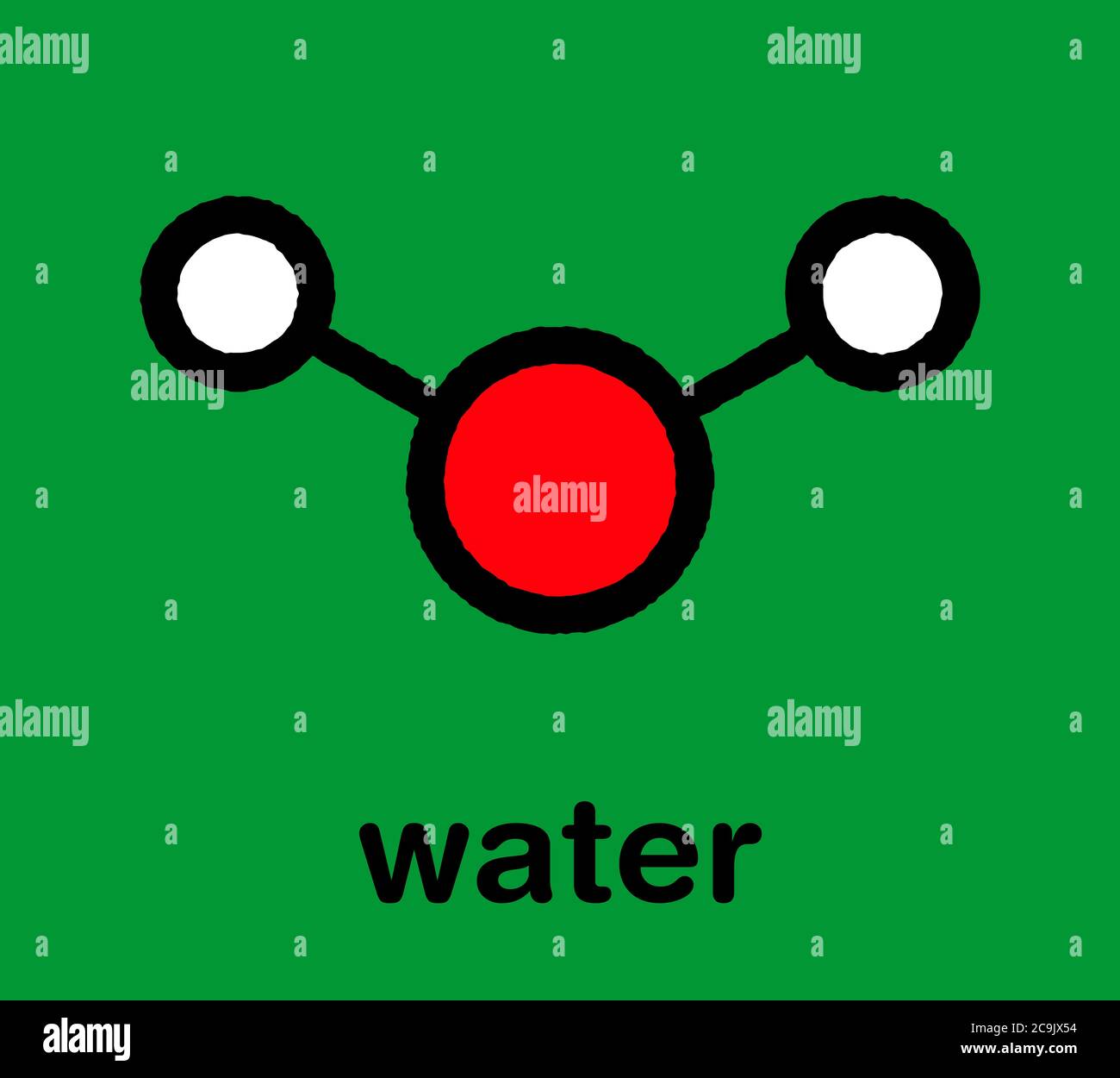 Water (H2O) molecule. Stylized skeletal formula (chemical structure). Atoms are shown as color-coded circles with thick black outlines and bonds: hydr Stock Photo
