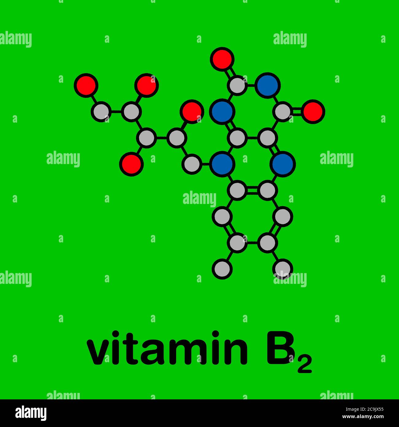 Vitamin B2 (riboflavin) molecule. Stylized skeletal formula (chemical structure). Atoms are shown as color-coded circles with thick black outlines and Stock Photo