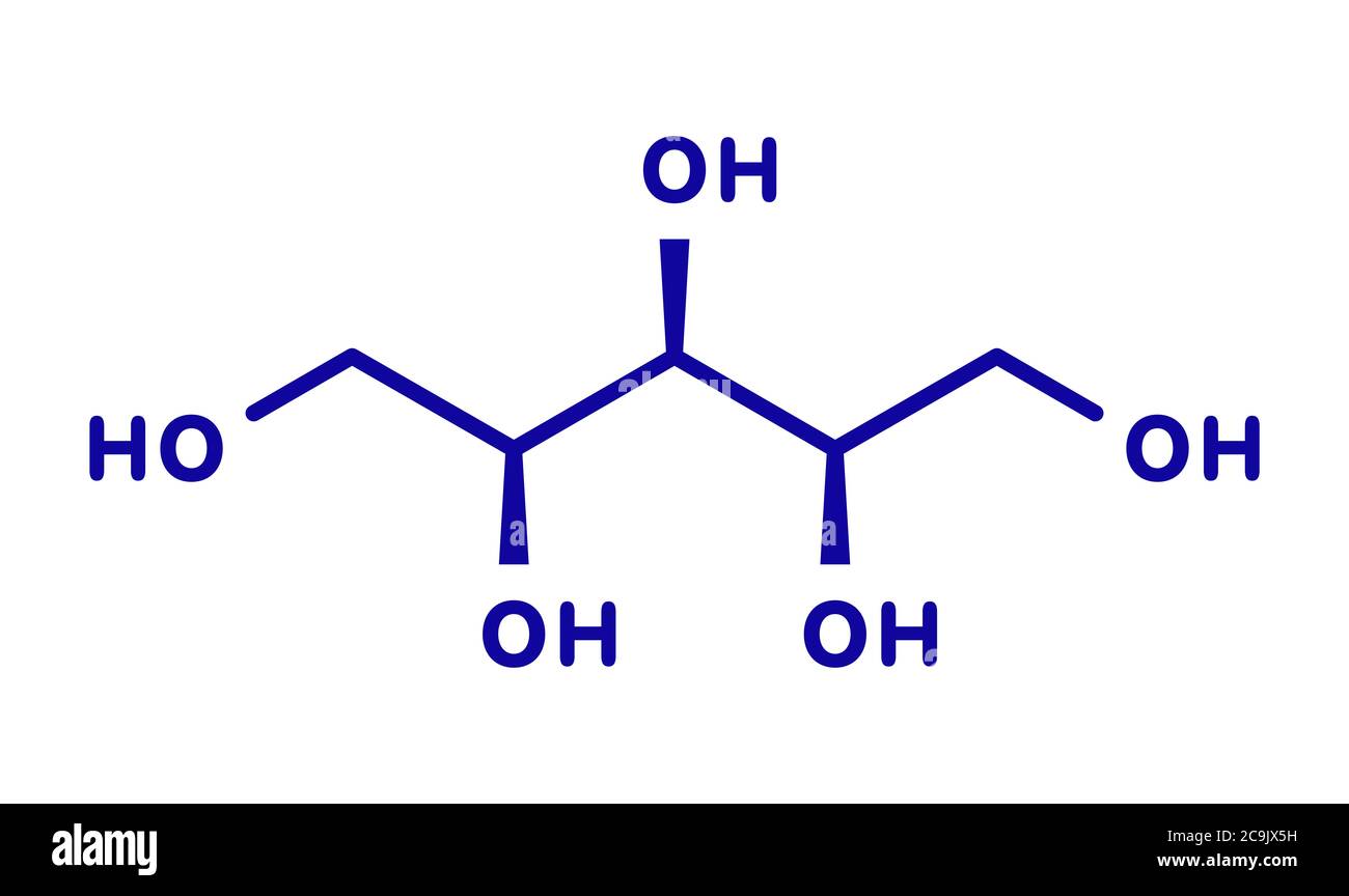 Xylitol artificial sweetener molecule. Used as sugar substitute. Blue