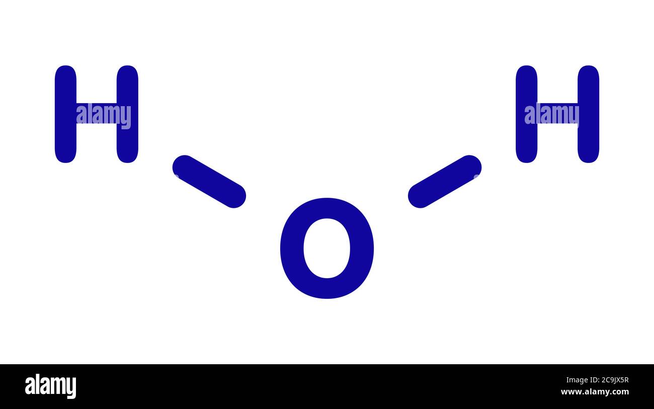 Water (H2O) molecule. Blue skeletal formula on white background. Stock Photo