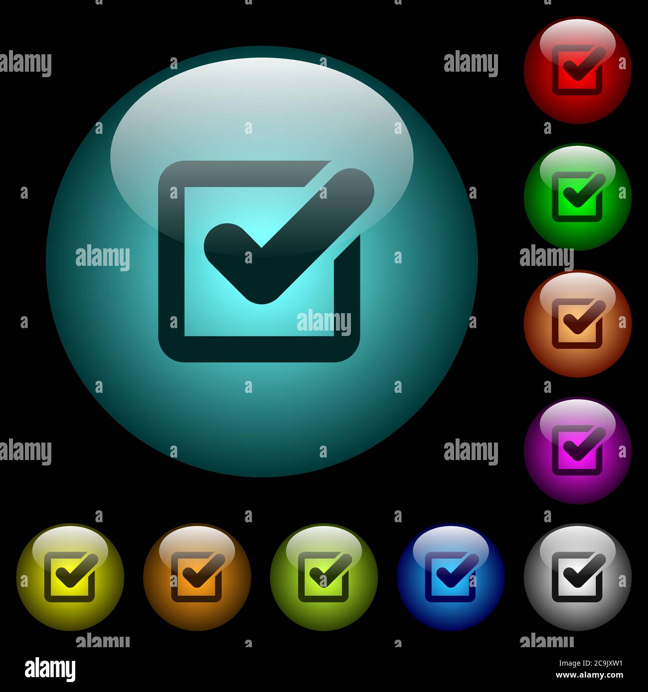 Checkbox icons in color illuminated spherical glass buttons on black ...