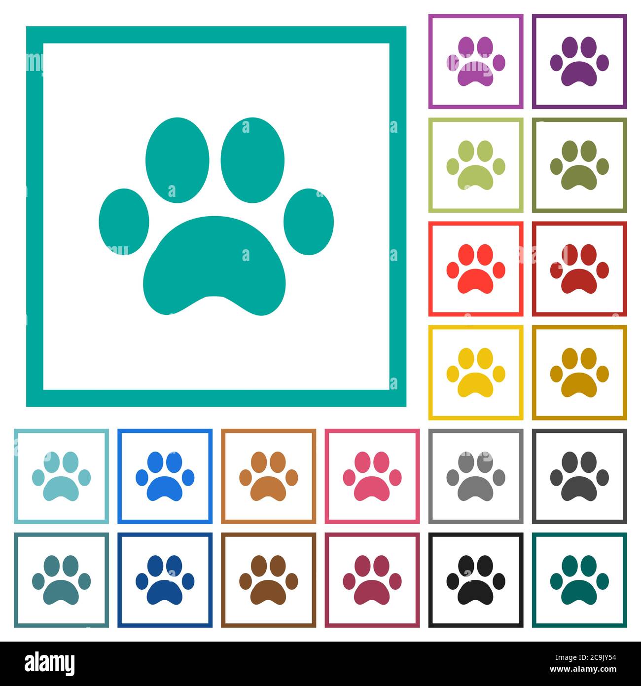 Paw prints flat color icons with quadrant frames on white background Stock Vector