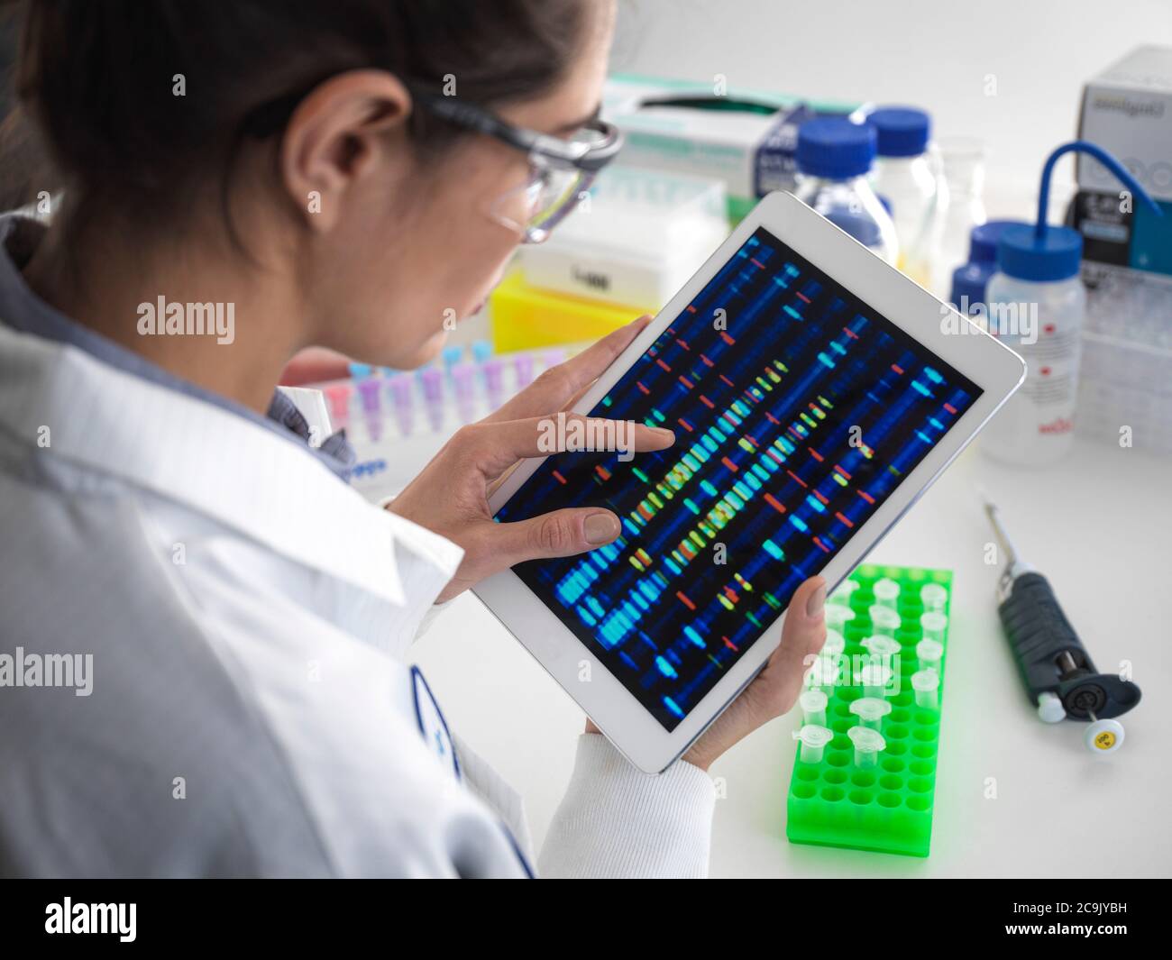 Scientist viewing DNA (deoxyribonucleic acid) profiles on a touch screen tablet during a genetic experiment. Stock Photo