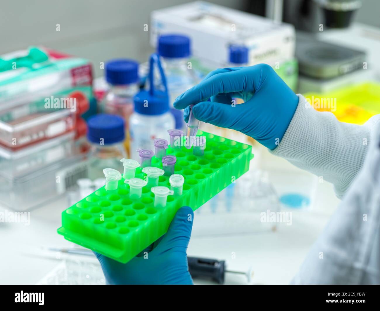 Scientist preparing a sample for automated analysis in the laboratory. Stock Photo