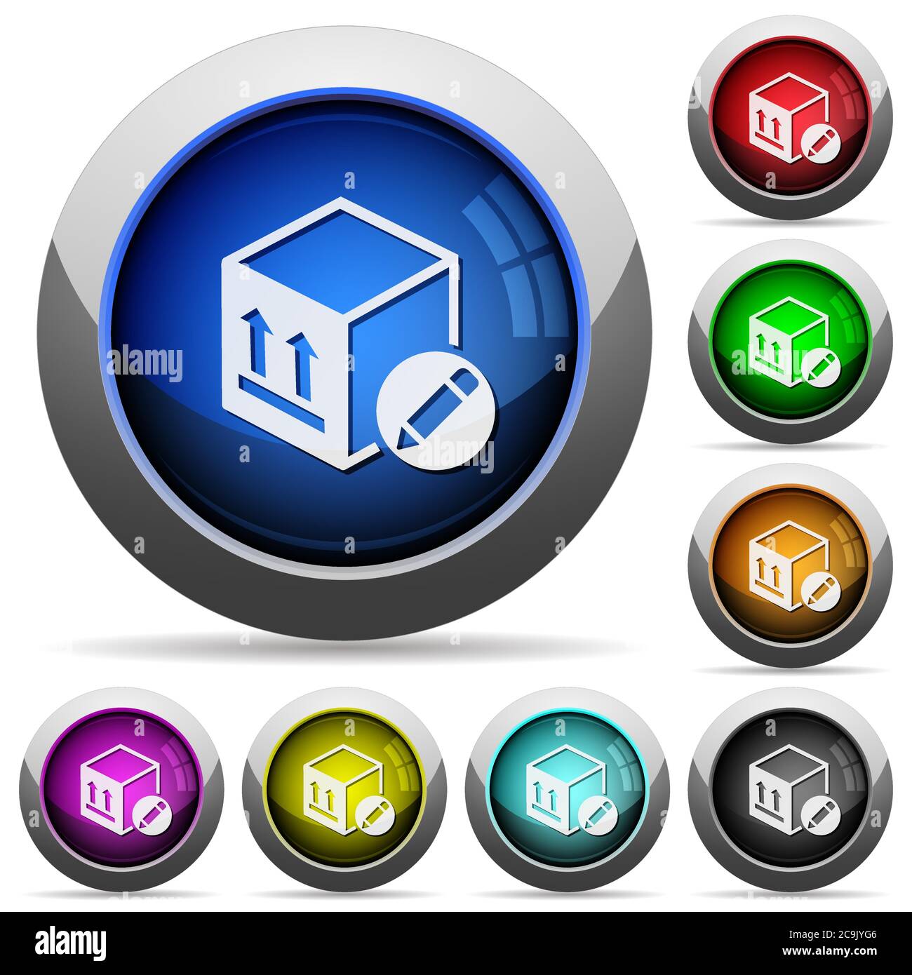 Package edit icons in round glossy buttons with steel frames Stock ...