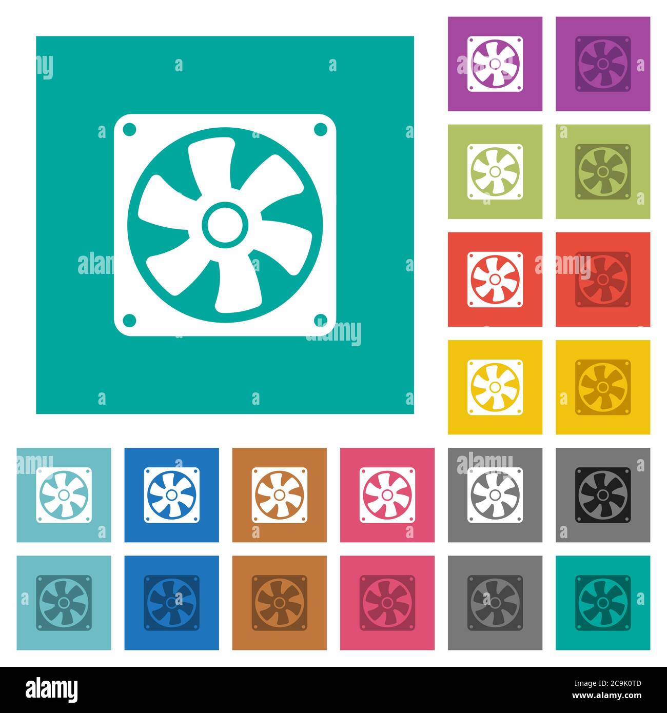 Computer fan multi colored flat icons on plain square backgrounds. Included white and darker icon variations for hover or active effects. Stock Vector