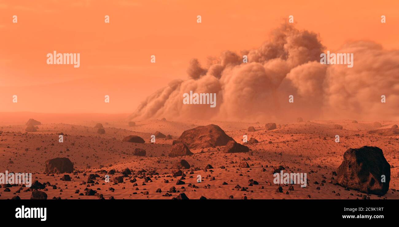 Illustration of a vast dust storm on Mars. Mars is the fourth in