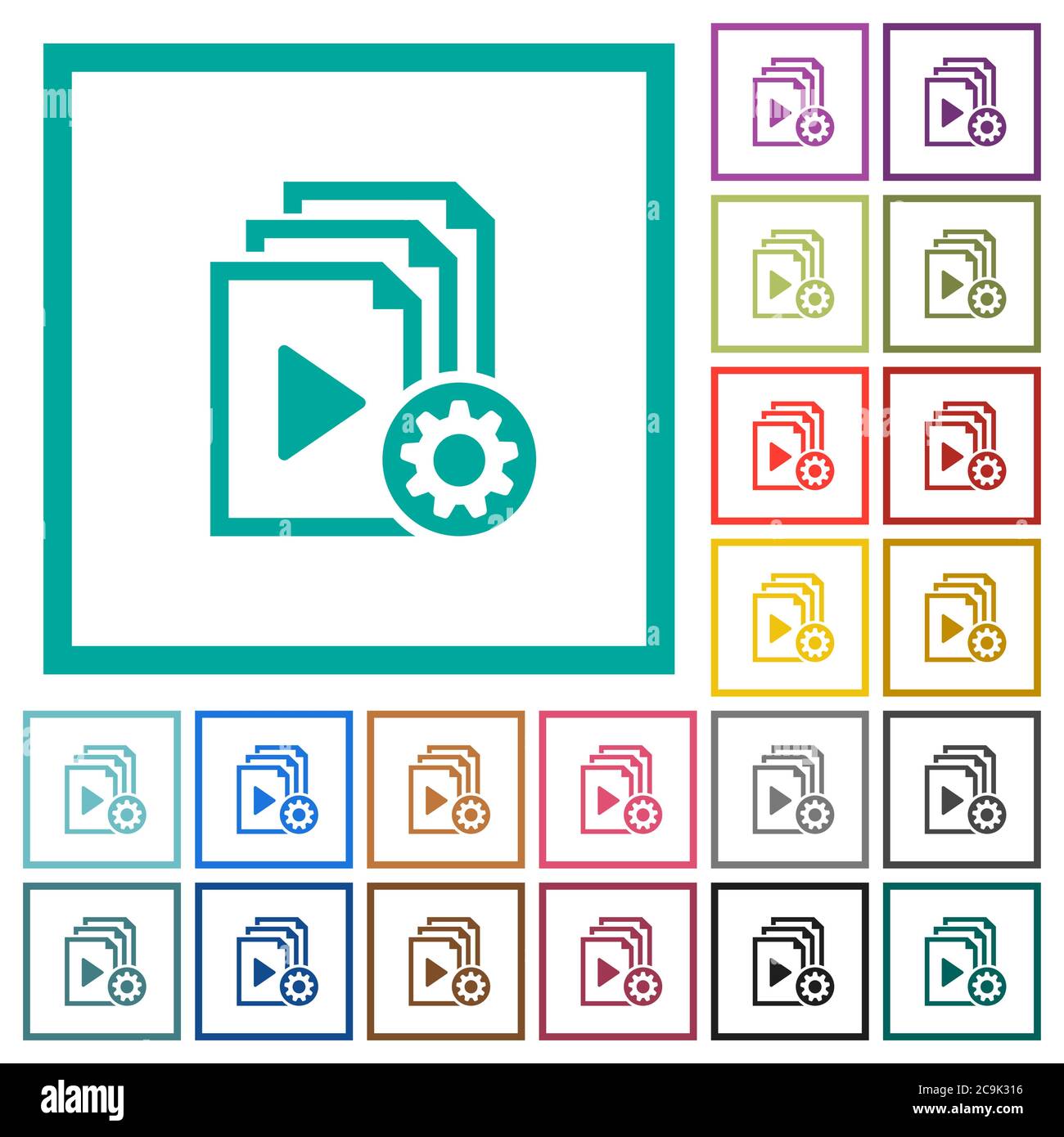 Playlist settings flat color icons with quadrant frames on white background Stock Vector
