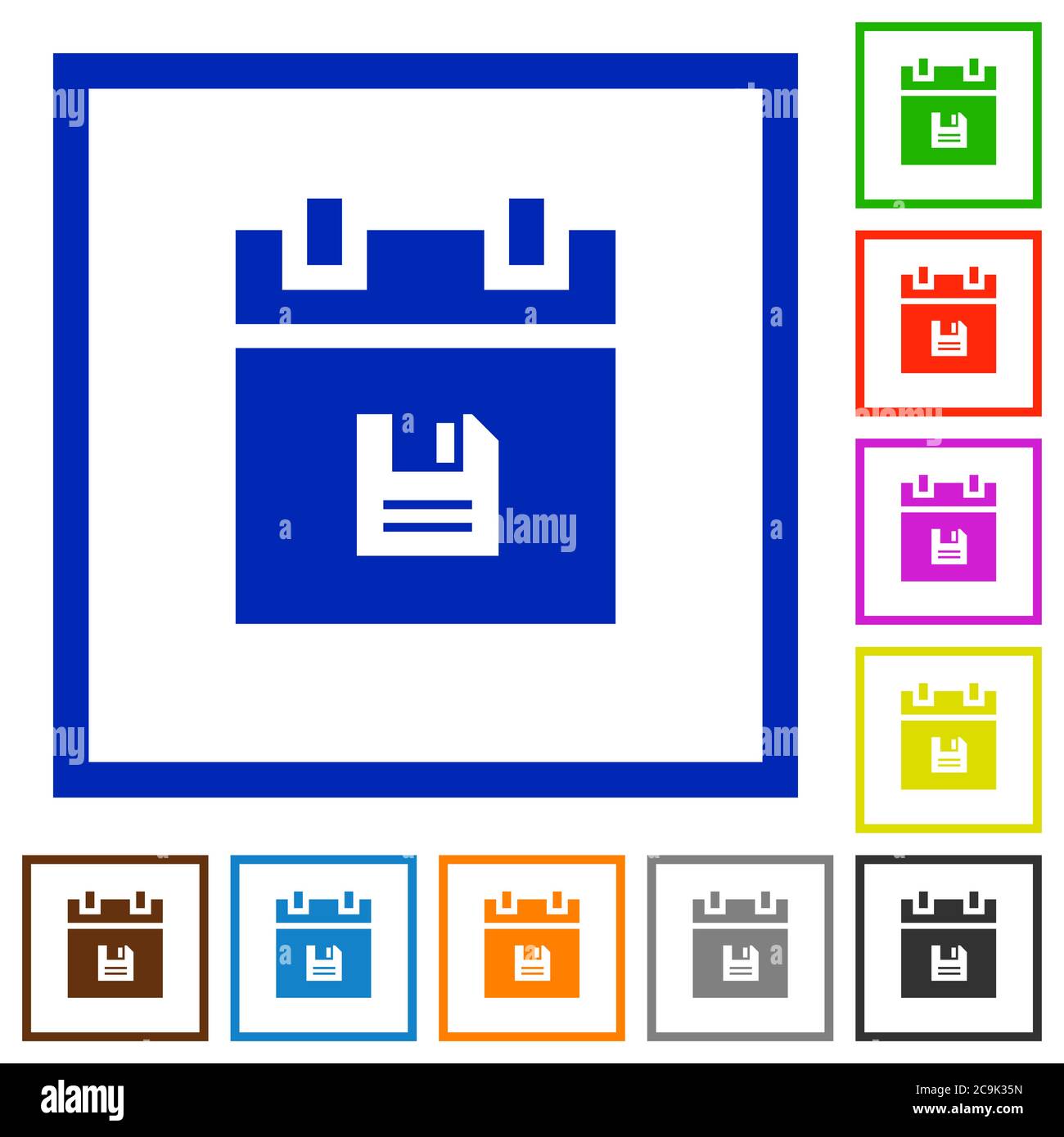 Save schedule data flat color icons in square frames on white background Stock Vector