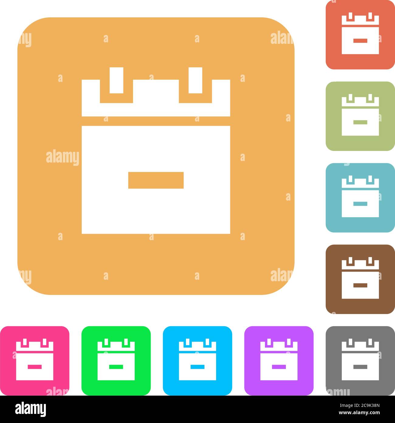Remove schedule item flat icons on rounded square vivid color backgrounds. Stock Vector