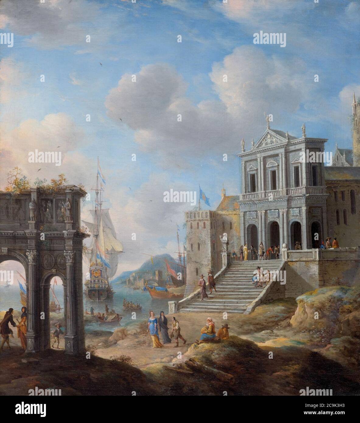 Jan Abrahamsz Beerstraten Capriccio mit Konstantinsbogen und San Gregorio Magno al Celi neben einem Hafen 1663. Stock Photo