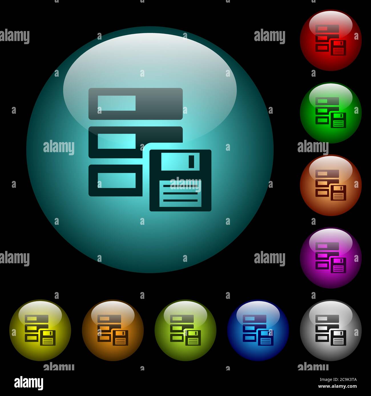 Data backup icons in color illuminated spherical glass buttons on black background. Can be used to black or dark templates Stock Vector