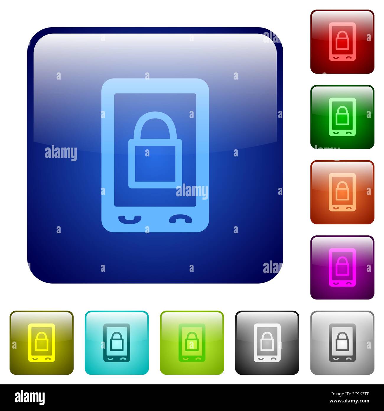 Lock mobile icons in rounded square color glossy button set Stock Vector