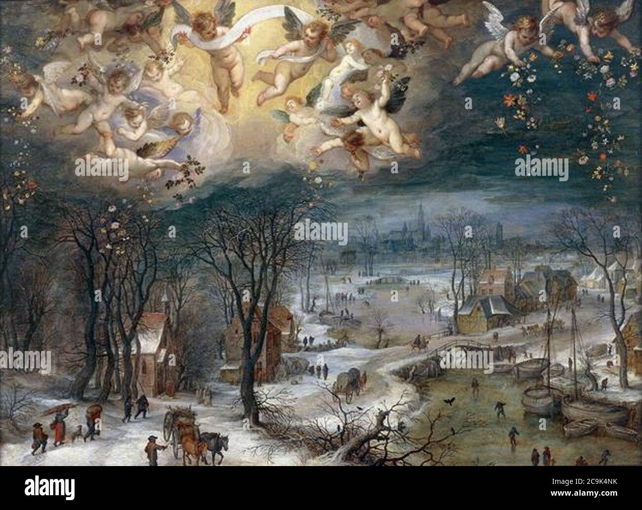 Jan Brueghel the Elder and Hans Rottenhammer - Winter landscape with a glory of angels. Stock Photo