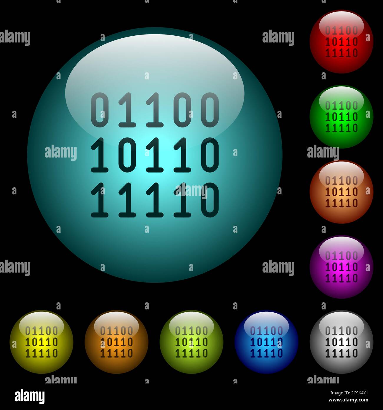 Binary code icons in color illuminated spherical glass buttons on black ...