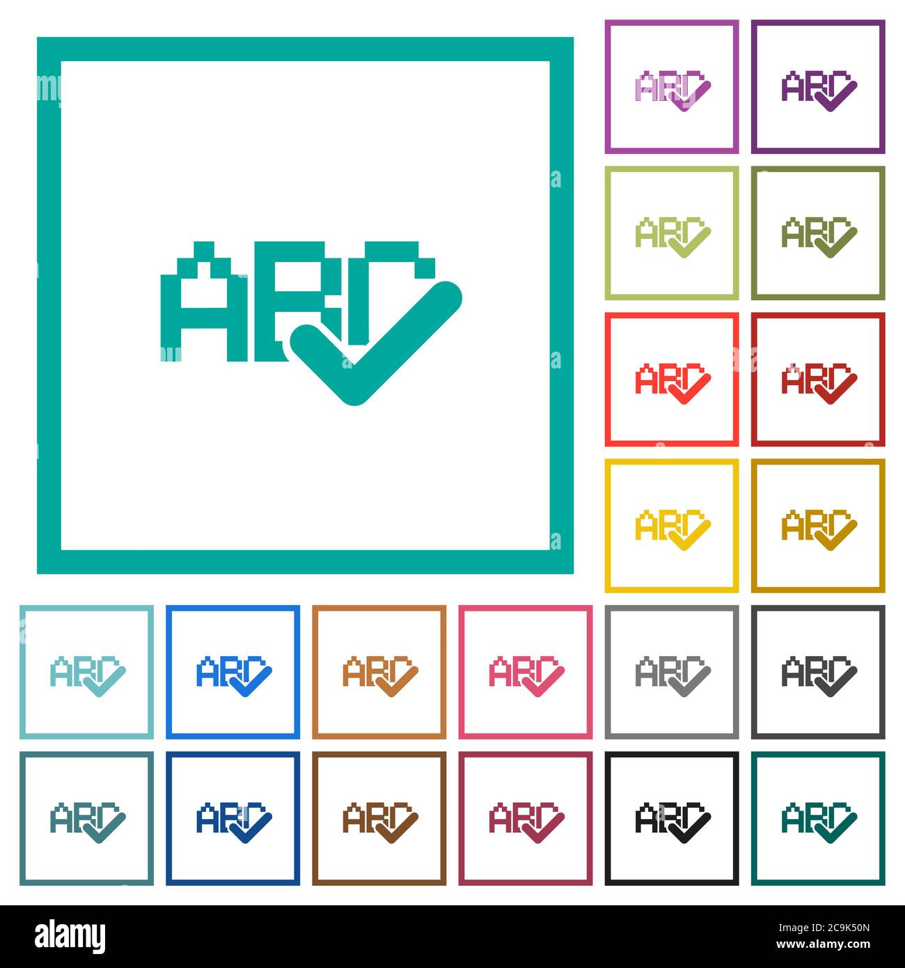Spell check flat color icons with quadrant frames on white background Stock Vector