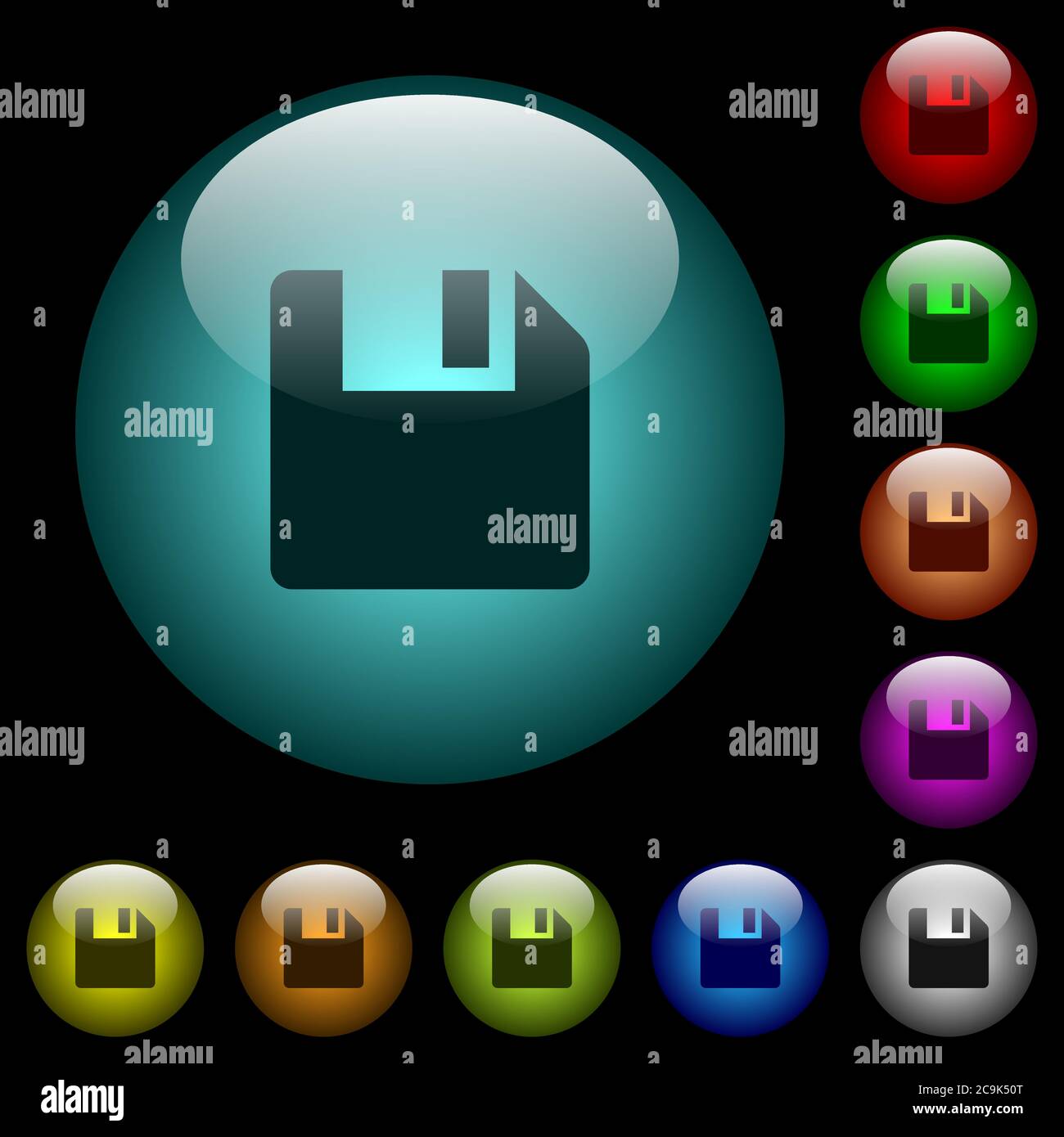 Save data icons in color illuminated spherical glass buttons on black background. Can be used to black or dark templates Stock Vector