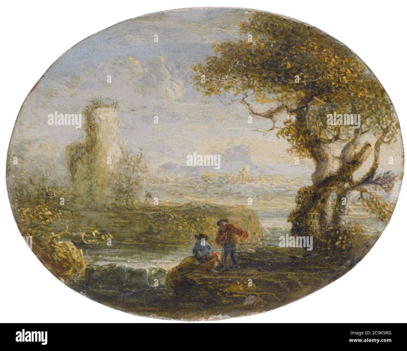 Jan de Momper - An Italianate river landscape with two figures fishing. Stock Photo