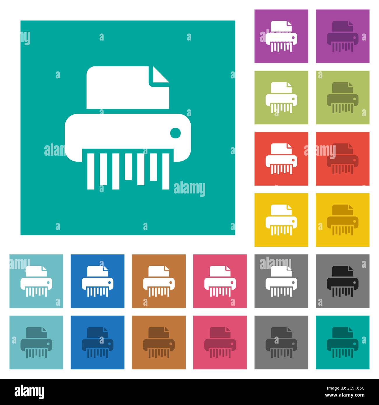 Office shredder multi colored flat icons on plain square backgrounds. Included white and darker icon variations for hover or active effects. Stock Vector