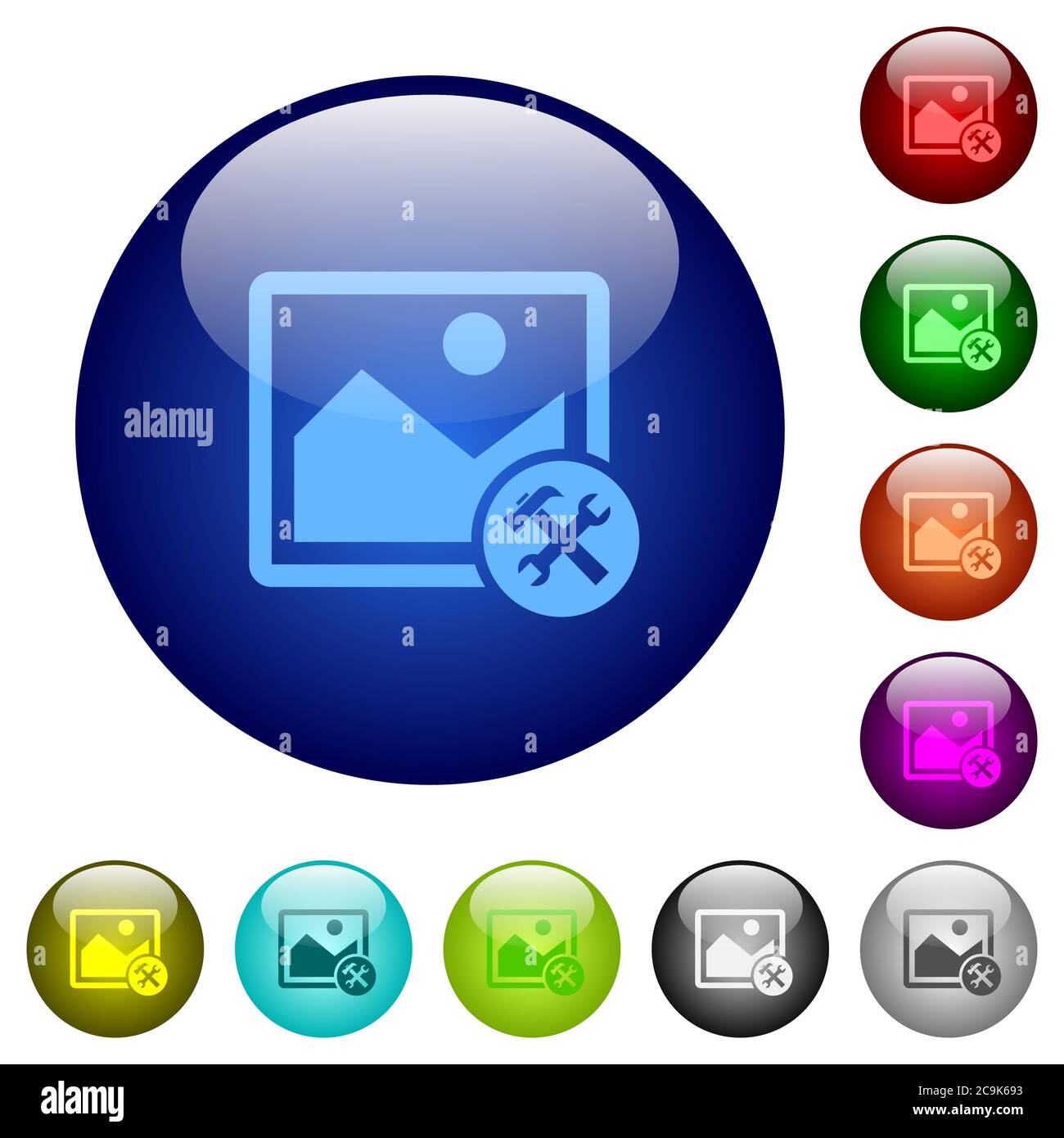 Image tools icons on round color glass buttons Stock Vector
