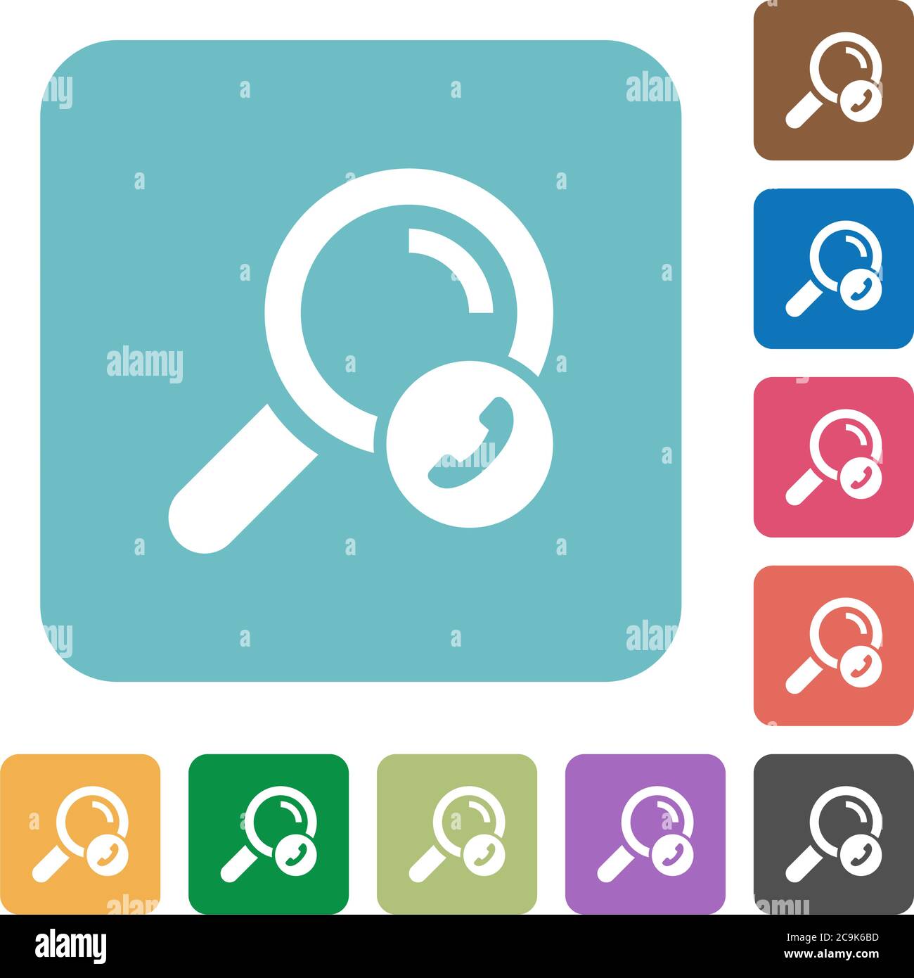 Search phone number white flat icons on color rounded square