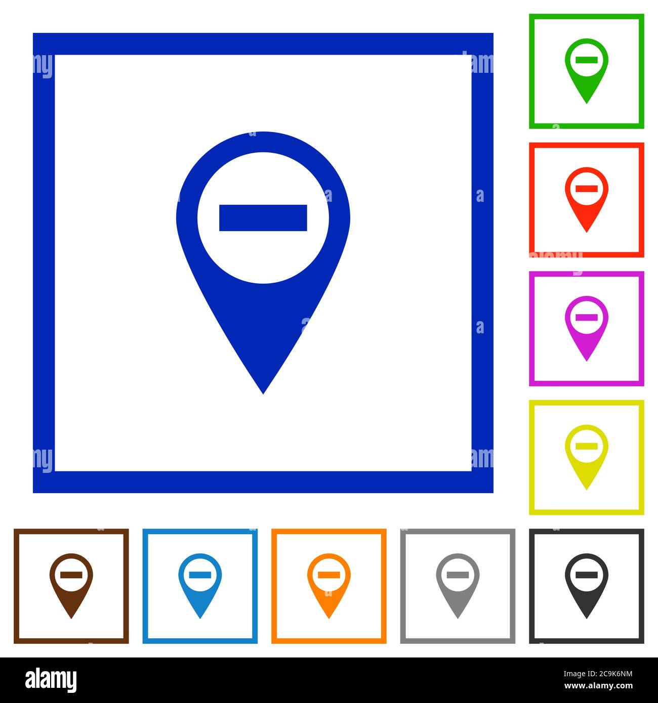 Remove GPS map location flat color icons in square frames on white background Stock Vector