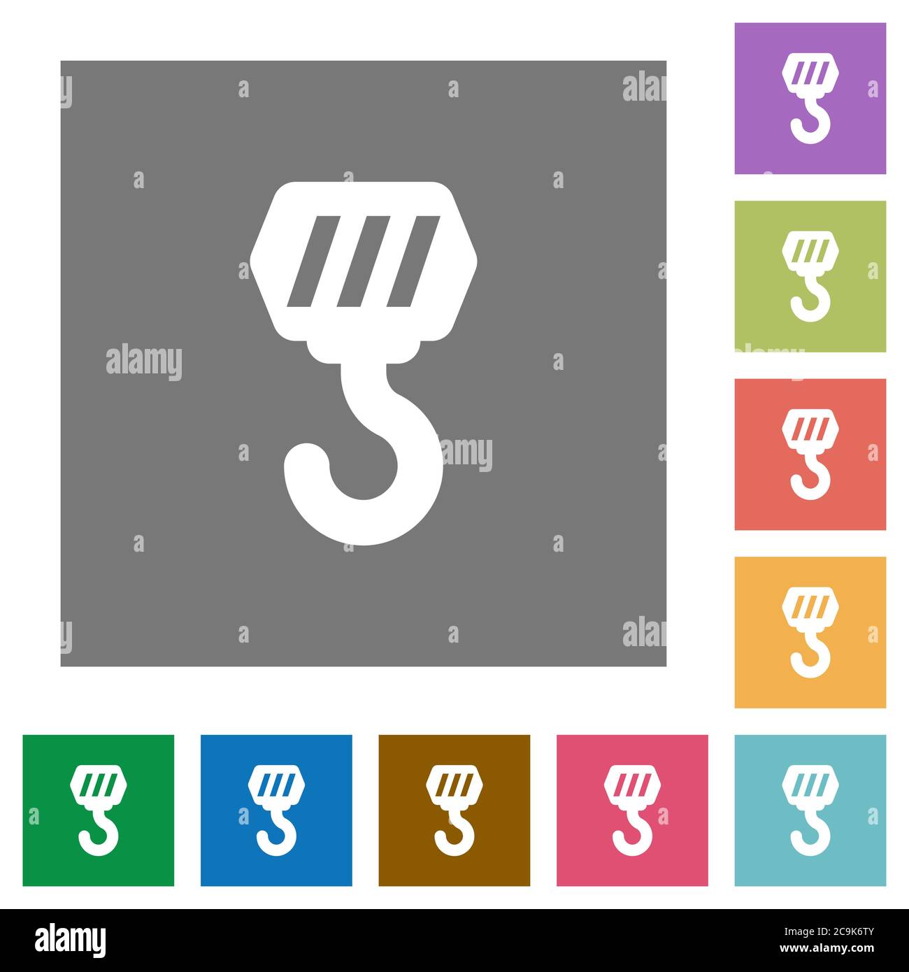 Construction hook flat icons on simple color square backgrounds Stock Vector