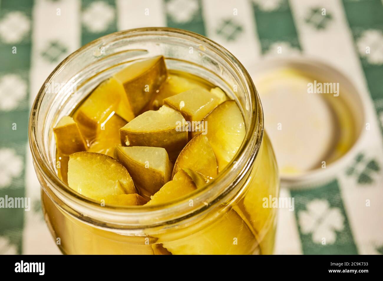 A jar of cucumber pickles from an Amish food artisan in Lancaster, Pennsylvania; USA Stock Photo