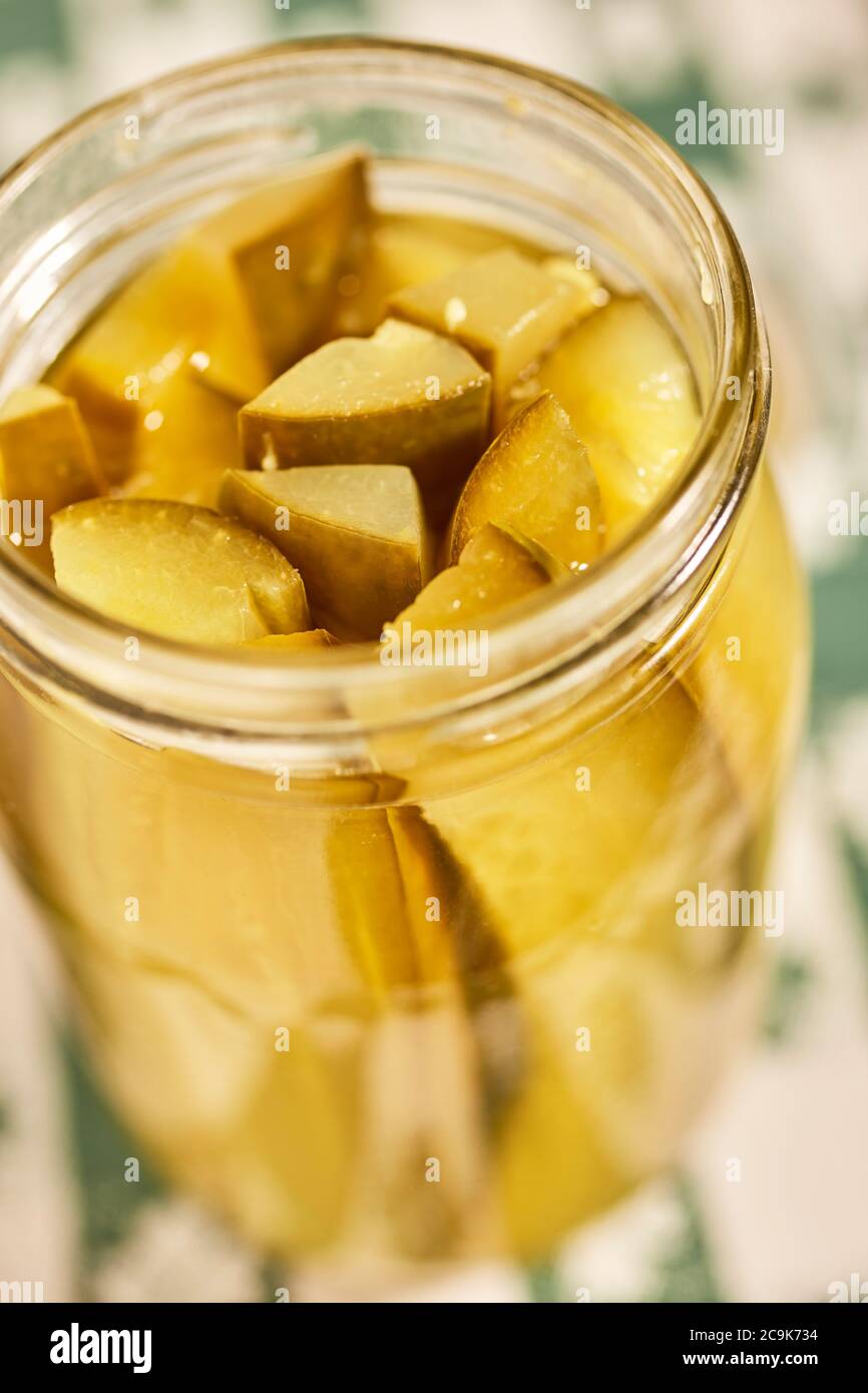 A jar of cucumber pickles from an Amish food artisan in Lancaster, Pennsylvania; USA Stock Photo